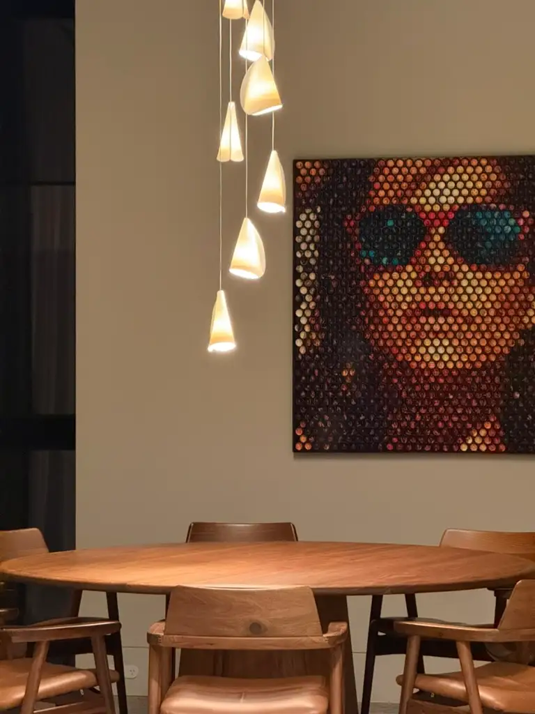 Sculptural pendant lights beside artwork and a timber-lined dining space