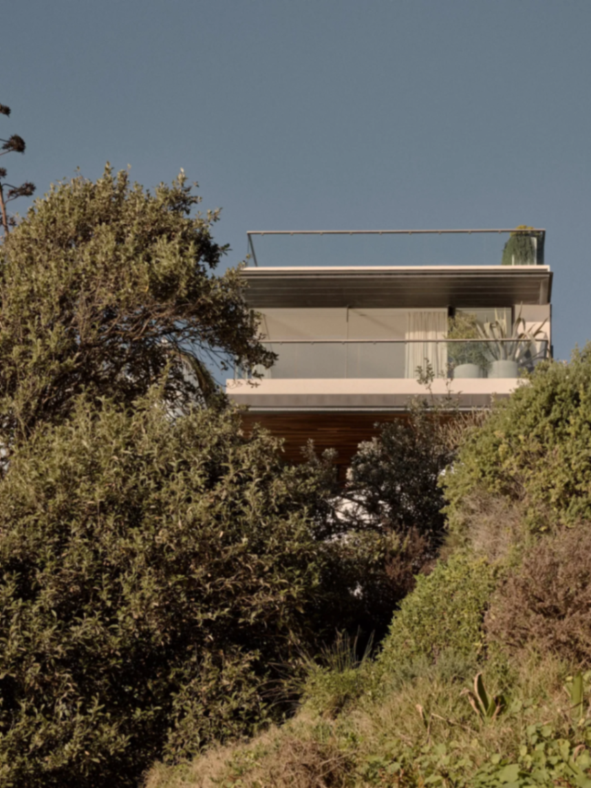 Beachfront Bondi residence with timber soffit and cantilevered terrace seen through coastal planting
