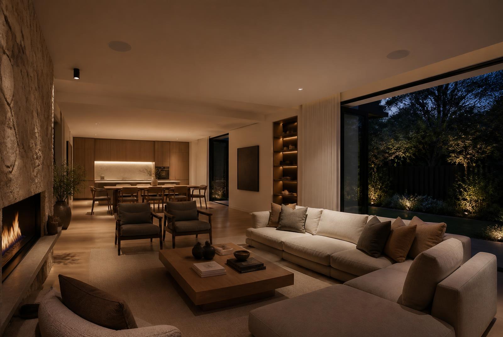 Warm luxury living and dining space at dusk with flush in-ceiling speakers concealed in the plaster ceiling