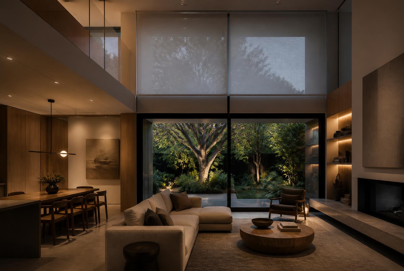 Double-height living and dining space with motorised sheer blinds and layered architectural lighting at dusk