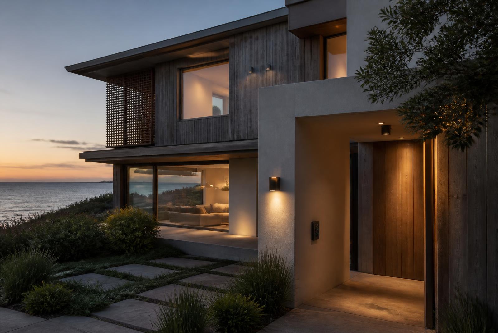 Coastal contemporary Sydney home at sunset with warm integrated entry lighting and a discreet wall keypad