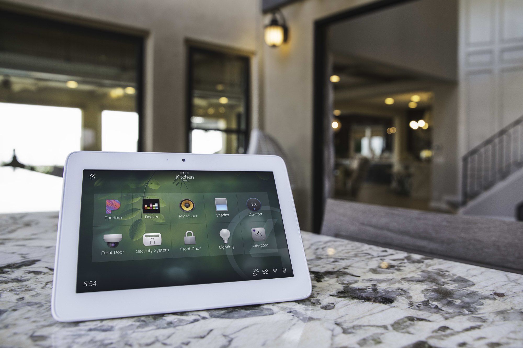 Control4 T5 tabletop touchscreen on a marble benchtop