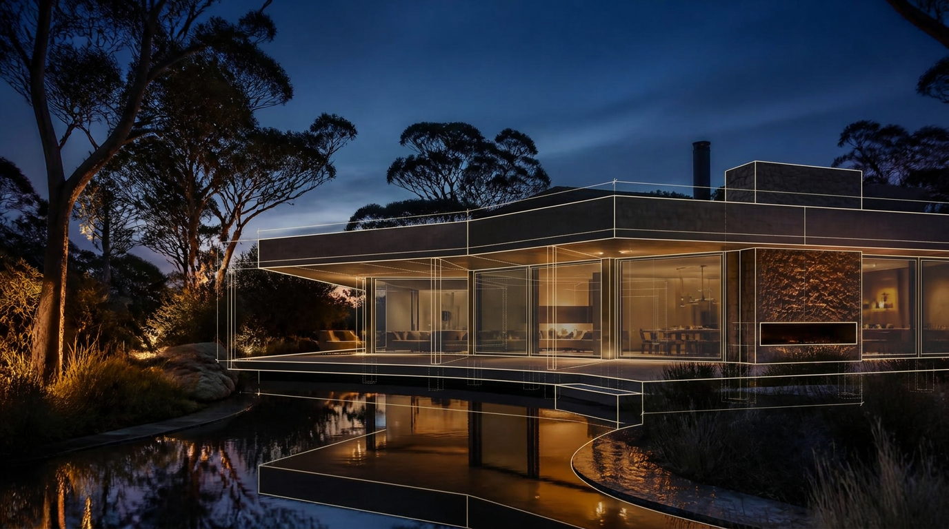 Architectural line drawing overlay of a residence used for lighting documentation