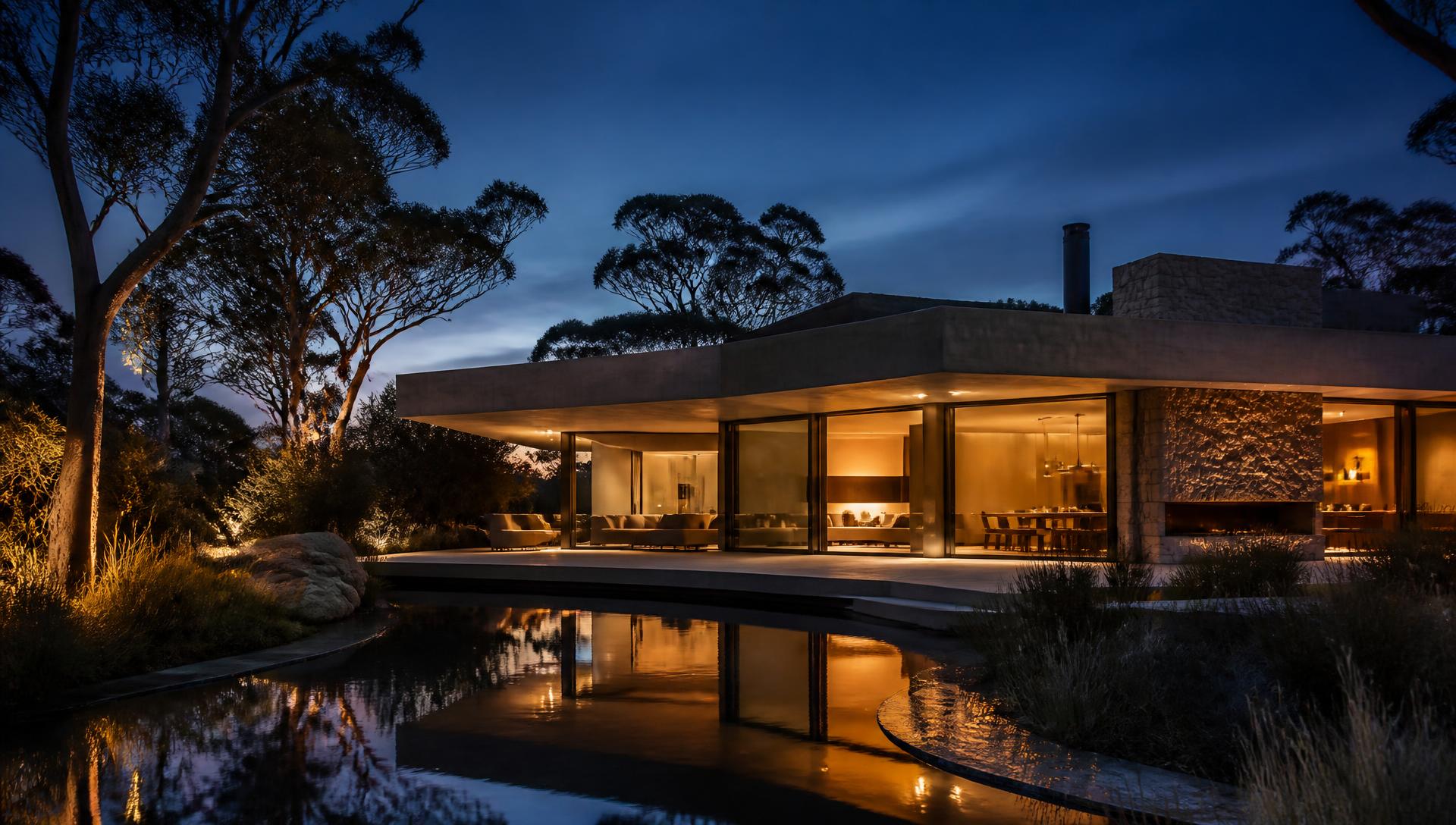 Sydney luxury home exterior lit at dusk