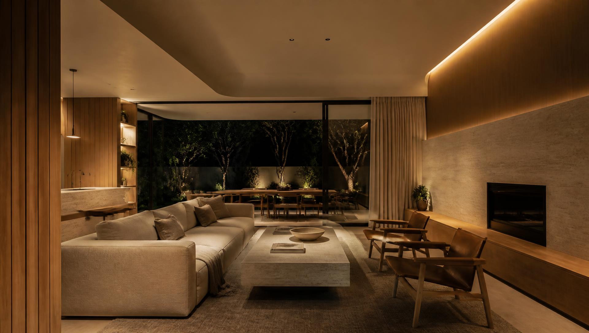 Warm integrated living space in a Sydney home at night