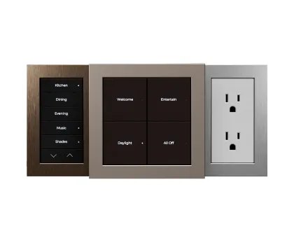 Control4 Lux wall control family, multi-button keypad, four-button keypad and outlet