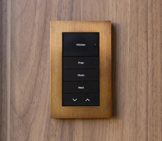 Control4 Lux keypad in bronze installed on warm timber, engraved Kitchen, Prep, Music and Next