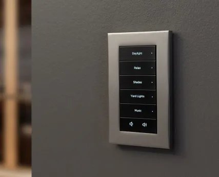 Satin nickel Control4 Lux keypad engraved Daylight, Relax, Shades, Yard Lights and Music