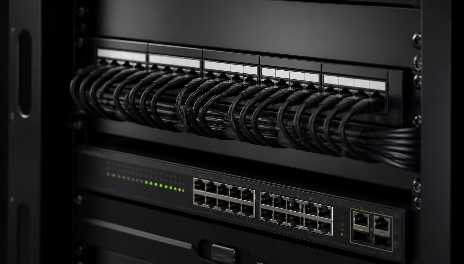 Detail of a managed network switch and neatly combed structured cabling into a patch panel in a residential equipment rack