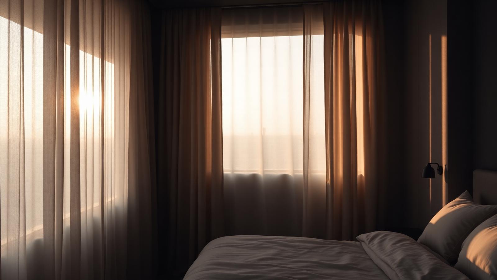 Motorised sheer curtains filtering morning light in a bedroom