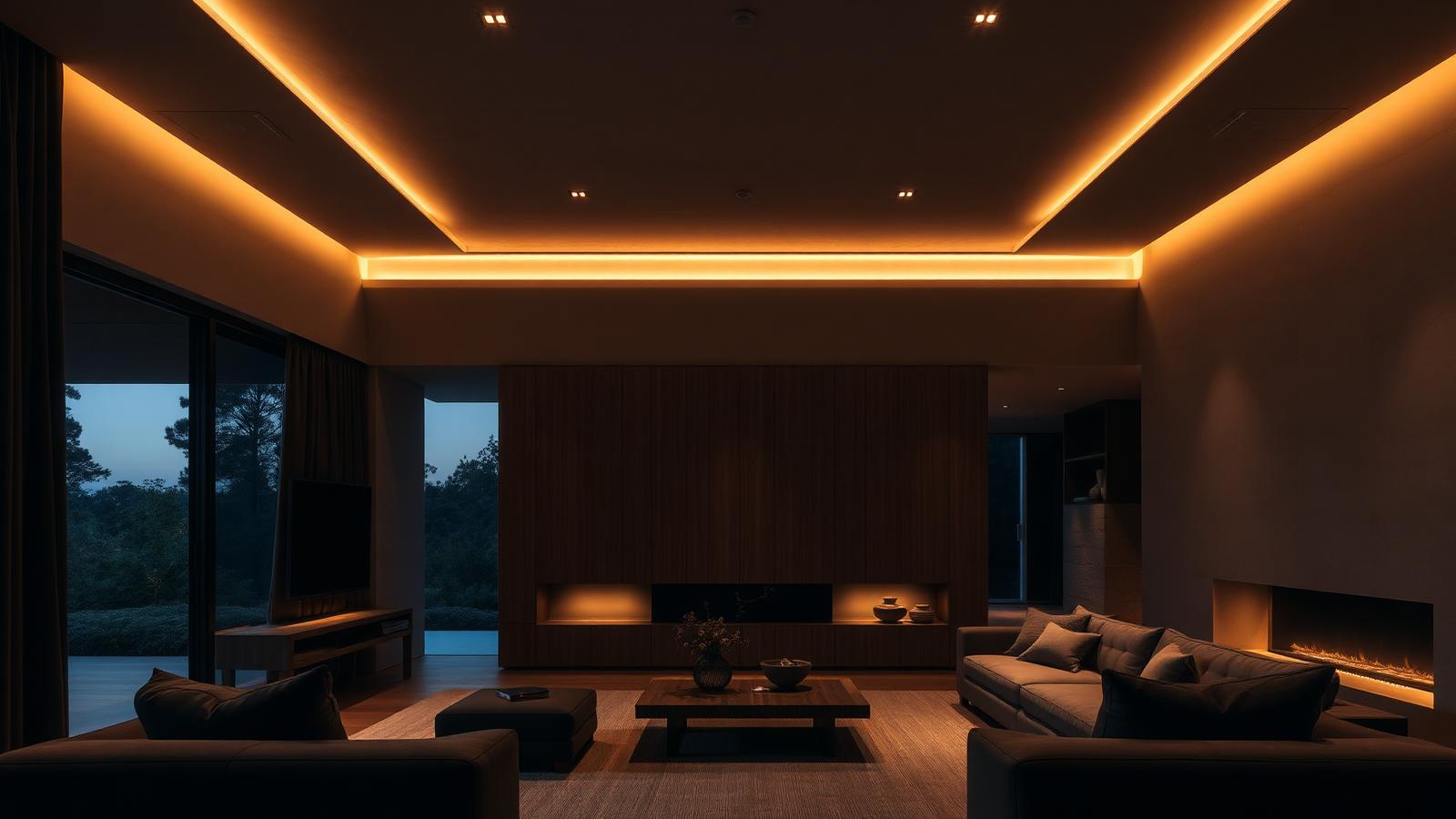 Concealed lighting scene in a minimal luxury living room